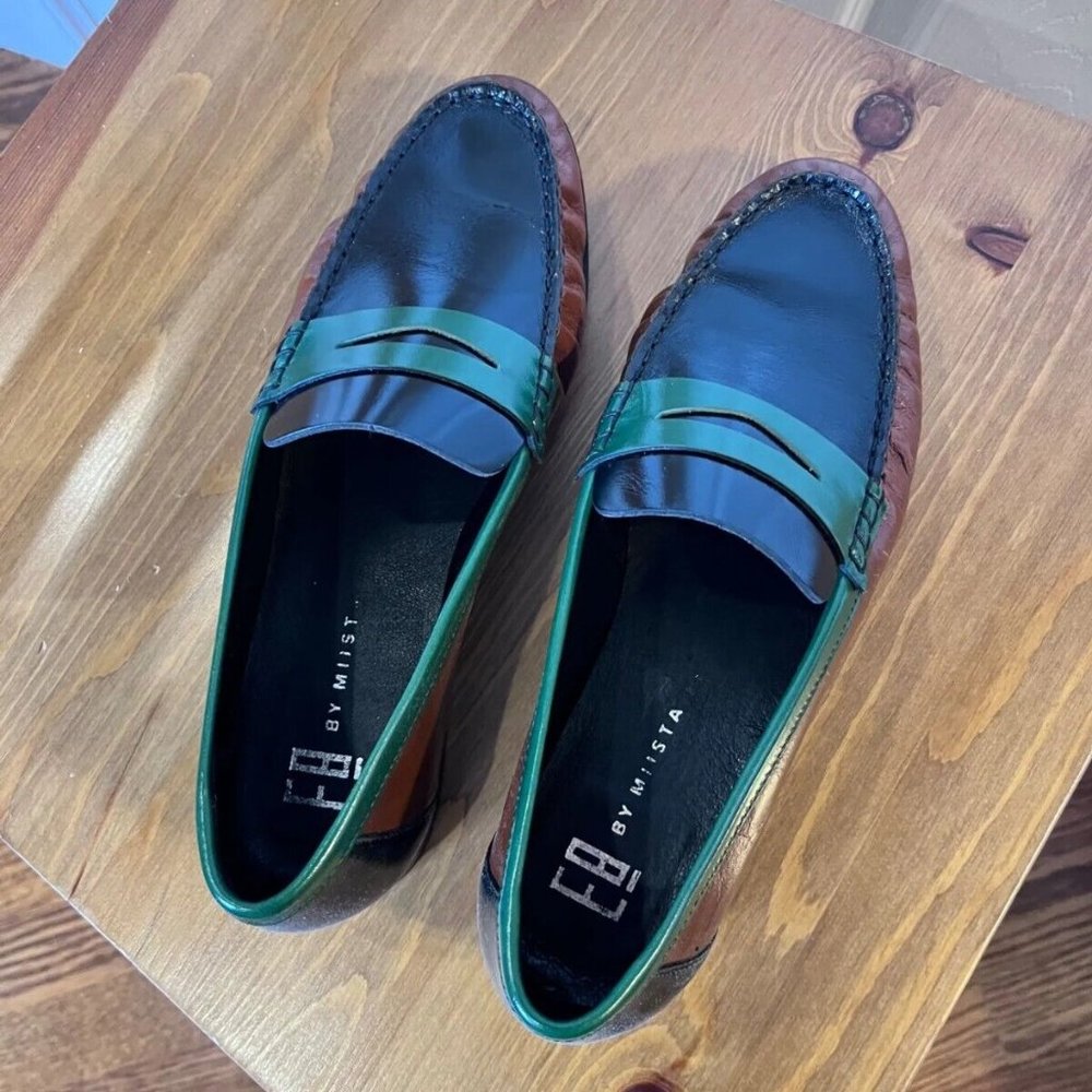 Miista Sheila Tri-Tone Black Brown Green Leather Loafers Size 39